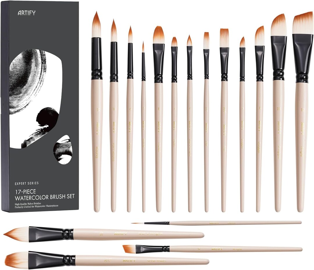 ARTIFY Watercolor Brush Set, 17 Pcs Professional Paint Brushes with Case for Beginners and Artists, Various Shapes, Optimized Hairs for Watercolor, Gouache, Ink, Tempera, and Fabric Painting